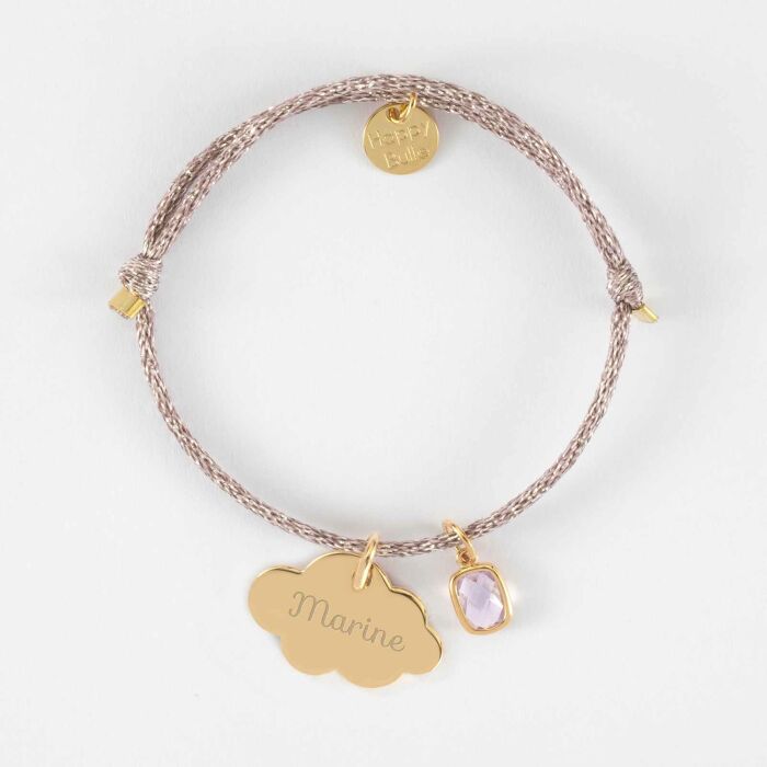 Bracelet enfant personnalisé cordon pailleté médaille gravée plaqué or nuage 20x14 mm et breloque rectangle zircon plaqué or 9 mm - prénom 2