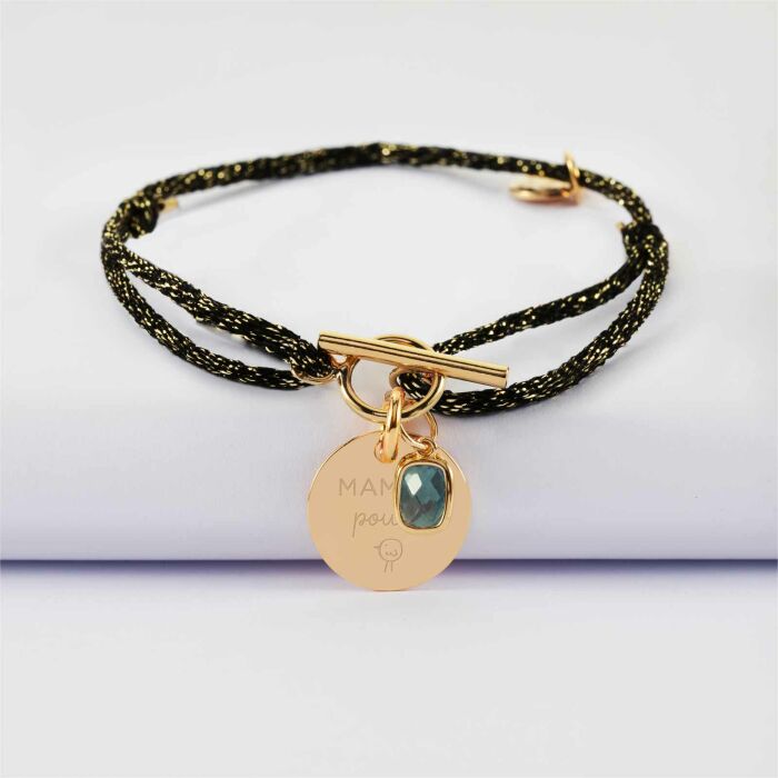 Bracelet fermoir personnalisé cordon pailleté médaille gravée plaqué or 15 mm et breloque rectangle zircon plaqué or 9 mm - illustration