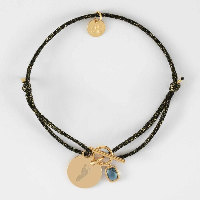 Bracelet fermoir personnalisé cordon pailleté médaille gravée plaqué or 15 mm et breloque rectangle zircon plaqué or 9 mm - empreinte