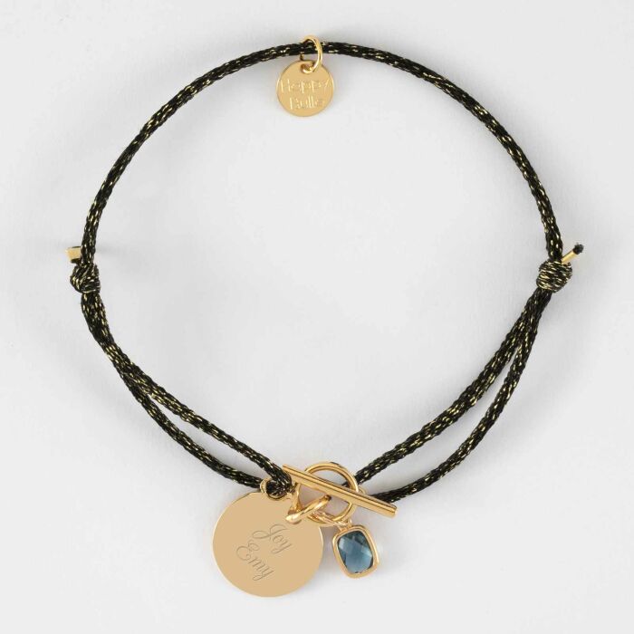 Bracelet fermoir personnalisé cordon pailleté médaille gravée plaqué or 15 mm et breloque rectangle zircon plaqué or 9 mm - texte