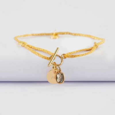 Bracelet fermoir personnalisé cordon pailleté médaille gravée plaqué or initiale 10 mm et breloque rectangle zircon plaqué or 9 mm - M