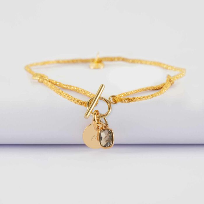 Bracelet fermoir personnalisé cordon pailleté médaille gravée plaqué or initiale 10 mm et breloque rectangle zircon plaqué or 9 mm - M