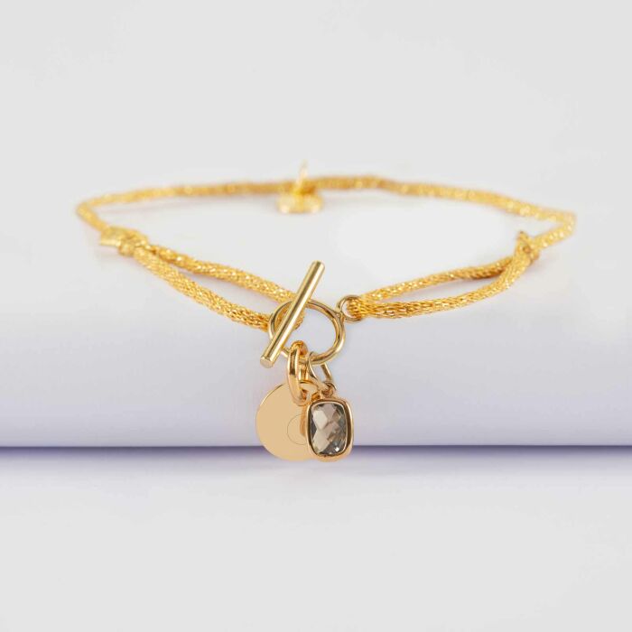 Bracelet fermoir personnalisé cordon pailleté médaille gravée plaqué or initiale 10 mm et breloque rectangle zircon plaqué or 9 mm - O