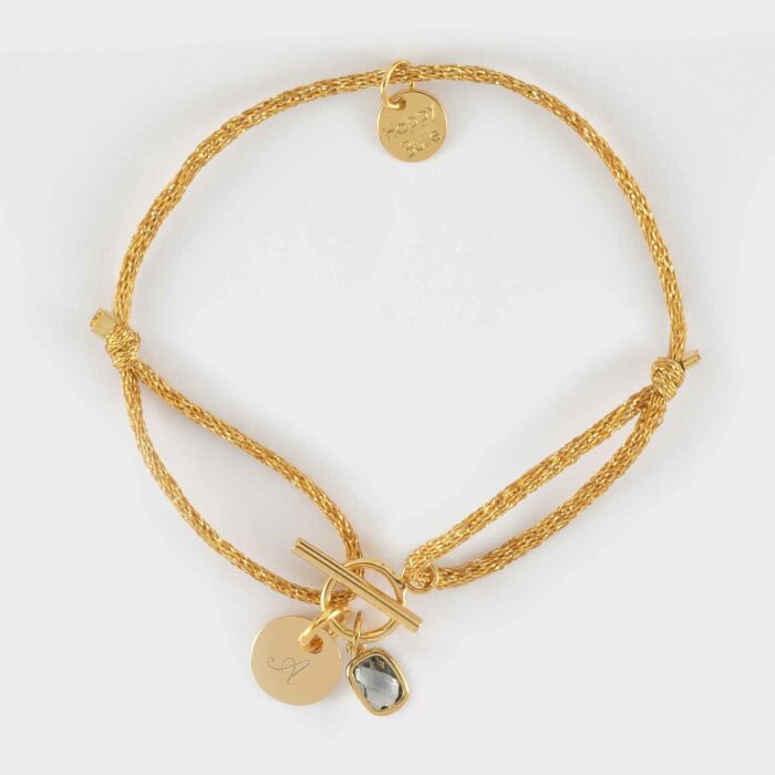 Bracelet fermoir personnalisé cordon pailleté médaille gravée plaqué or initiale 10 mm et breloque rectangle zircon plaqué or 9 mm - A