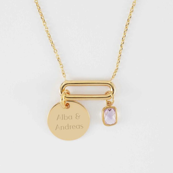 Collier chaîne ovale ouvert personnalisé médaille gravée plaqué or 15 mm et breloque rectangle zircon plaqué or 9 mm - texte