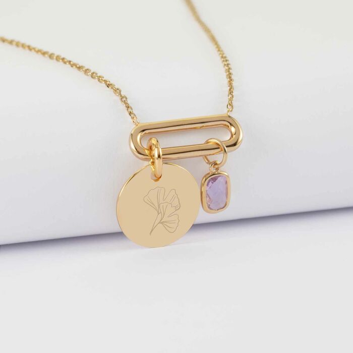 Collier chaîne ovale ouvert personnalisé médaille gravée plaqué or 15 mm et breloque rectangle zircon plaqué or 9 mm - illustration