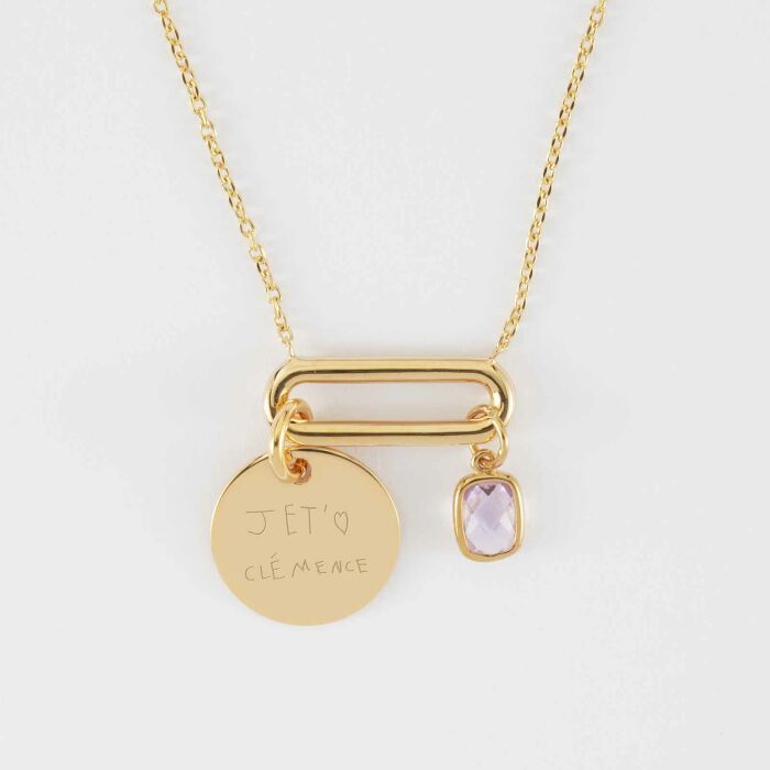 Collier chaîne ovale ouvert personnalisé médaille gravée plaqué or 15 mm et breloque rectangle zircon plaqué or 9 mm - écrit