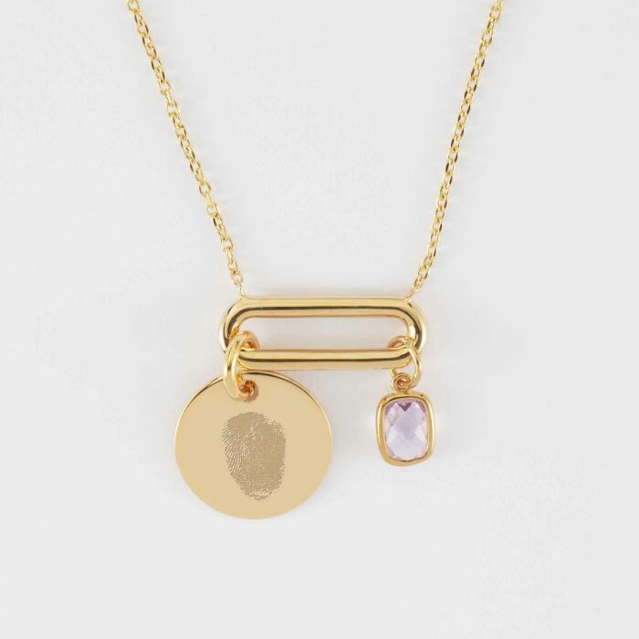 Collier chaîne ovale ouvert personnalisé médaille gravée plaqué or 15 mm et breloque rectangle zircon plaqué or 9 mm - empreinte