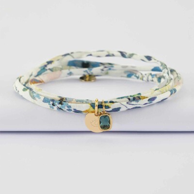 Bracelet 3 tours Liberty personnalisé médaille gravée plaqué or 10 mm et breloque rectangle zircon plaqué or 9 mm