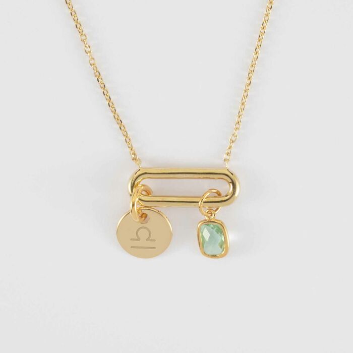 Collier chaîne ovale ouvert personnalisé médaille gravée plaqué or 10 mm et breloque rectangle zircon plaqué or 9 mm - picto astro