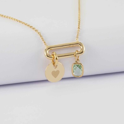 Collier chaîne ovale ouvert personnalisé médaille gravée plaqué or 10 mm et breloque rectangle zircon plaqué or 9 mm - picto coeur