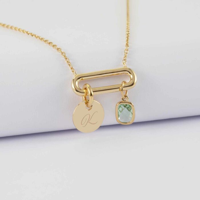 Collier chaîne ovale ouvert personnalisé médaille gravée plaqué or 10 mm et breloque rectangle zircon plaqué or 9 mm - K