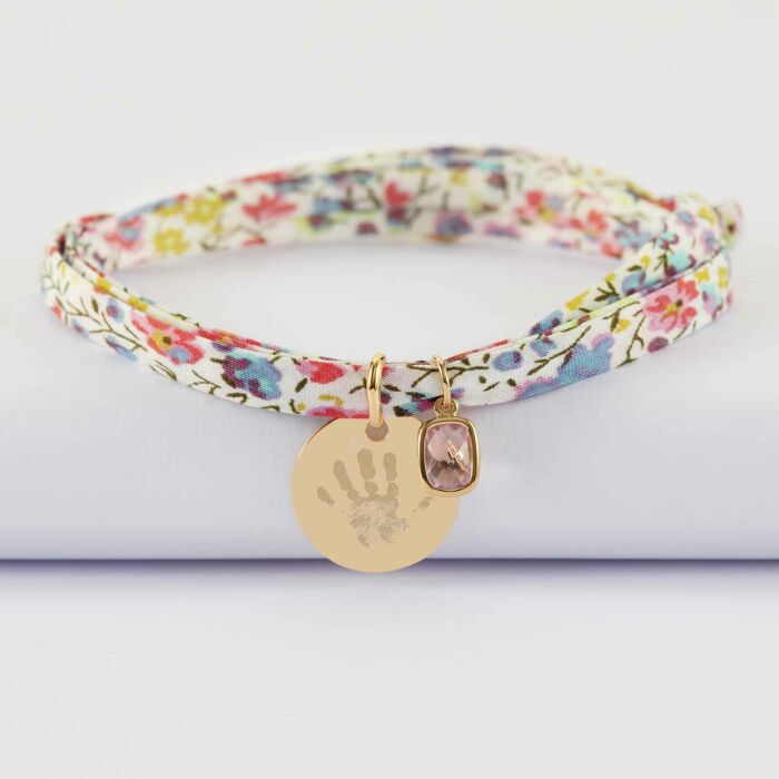 Bracelet 3 tours Liberty personnalisé médaille gravée plaqué or 15 mm et breloque rectangle zircon plaqué or 9 mm