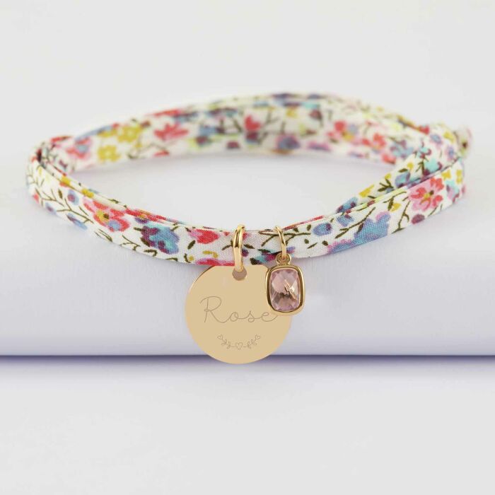 Bracelet 3 tours Liberty personnalisé médaille gravée plaqué or 15 mm et breloque rectangle zircon plaqué or 9 mm