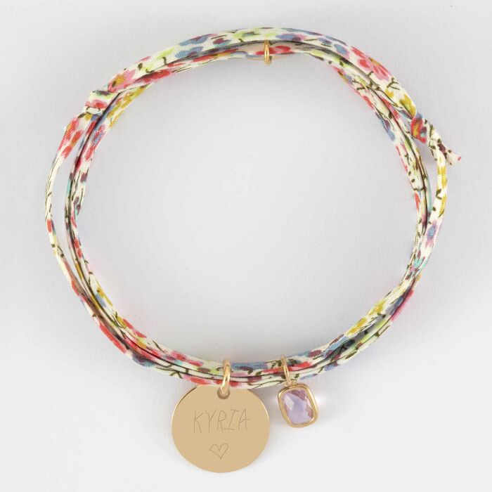 Bracelet 3 tours Liberty personnalisé médaille gravée plaqué or 15 mm et breloque rectangle zircon plaqué or 9 mm