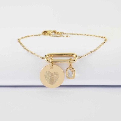 Bracelet chaîne ovale ouvert personnalisé médaille gravée plaqué or 15 mm et breloque rectangle zircon plaqué or 9 mm