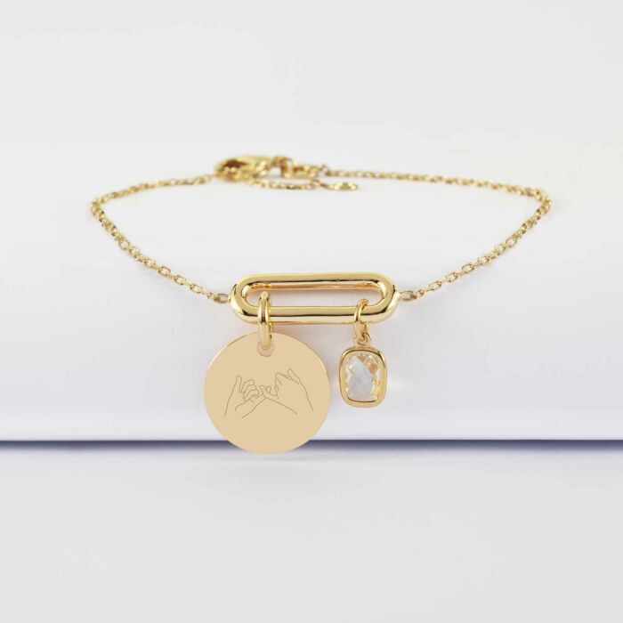 Bracelet chaîne ovale ouvert personnalisé médaille gravée plaqué or 15 mm et breloque rectangle zircon plaqué or 9 mm