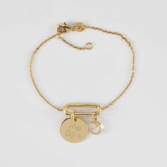 Bracelet chaîne ovale ouvert personnalisé médaille gravée plaqué or 15 mm et breloque rectangle zircon plaqué or 9 mm