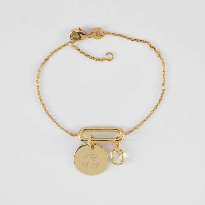 Bracelet chaîne ovale ouvert personnalisé médaille gravée plaqué or 15 mm et breloque rectangle zircon plaqué or 9 mm