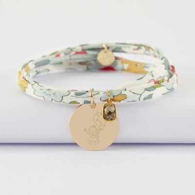 Bracelet 3 tours Liberty personnalisé médaille gravée plaqué or 19 mm et breloque rectangle zircon plaqué or 9 mm