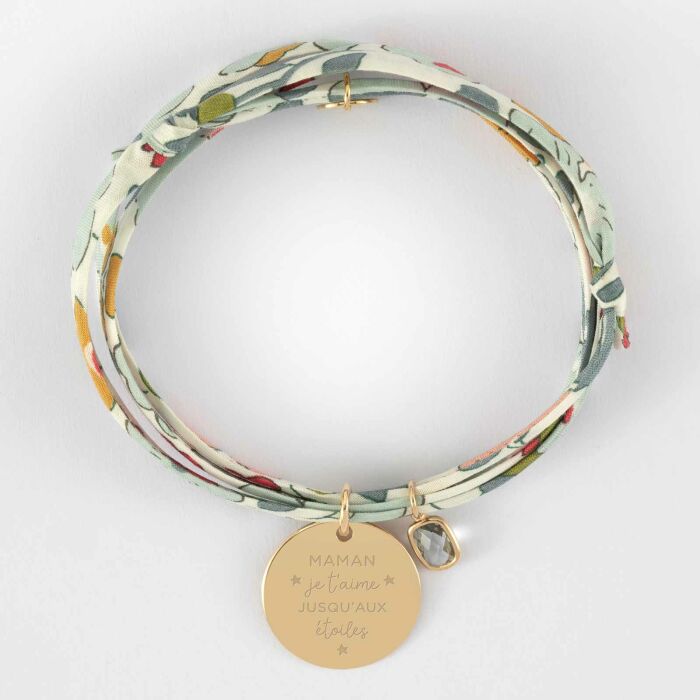 Bracelet 3 tours Liberty personnalisé médaille gravée plaqué or 19 mm et breloque rectangle zircon plaqué or 9 mm