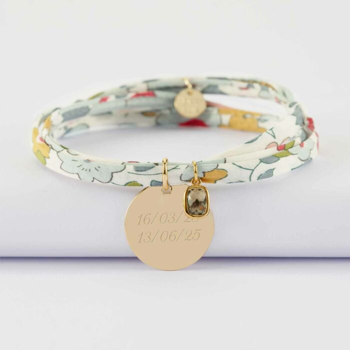 Bracelet 3 tours Liberty personnalisé médaille gravée plaqué or 19 mm et breloque rectangle zircon plaqué or 9 mm