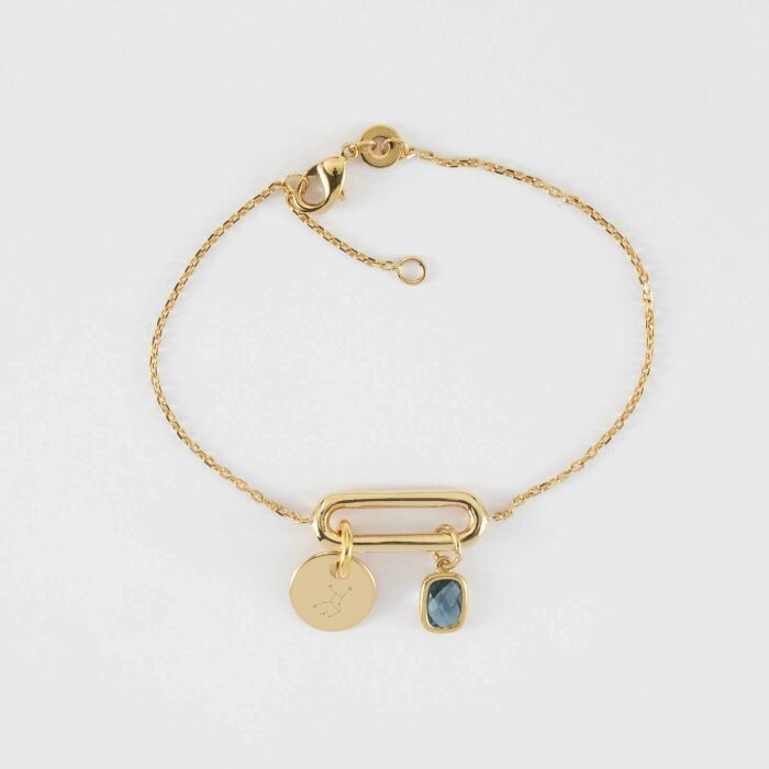 Bracelet chaîne ovale ouvert personnalisé médaille gravée plaqué or 10 mm et breloque rectangle zircon plaqué or 9 mm