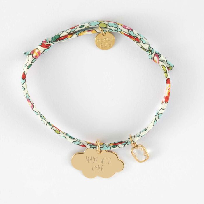 Bracelet enfant Liberty personnalisé médaille gravée plaqué or nuage 20x14 mm et breloque rectangle zircon plaqué or 9 mm