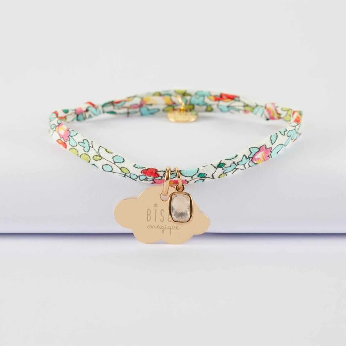 Bracelet enfant Liberty personnalisé médaille gravée plaqué or nuage 20x14 mm et breloque rectangle zircon plaqué or 9 mm