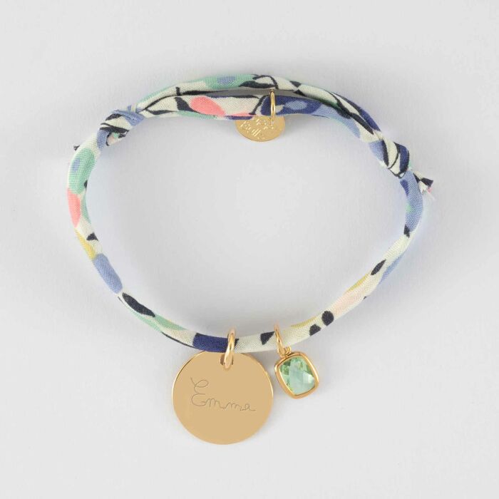 Bracelet enfant Liberty personnalisé médaille gravée plaqué or 15 mm et breloque rectangle zircon plaqué or 9 mm