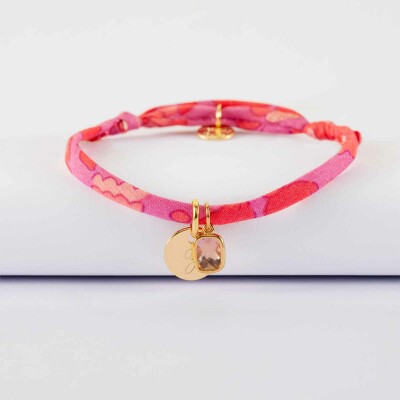 Bracelet enfant Liberty personnalisé médaille gravée plaqué or 10 mm et breloque rectangle zircon plaqué or 9 mm