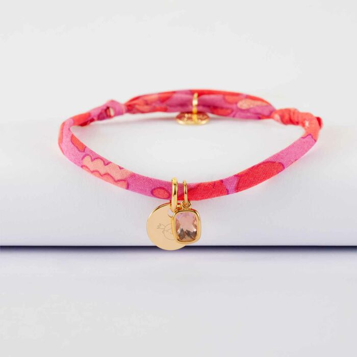 Bracelet enfant Liberty personnalisé médaille gravée plaqué or 10 mm et breloque rectangle zircon plaqué or 9 mm