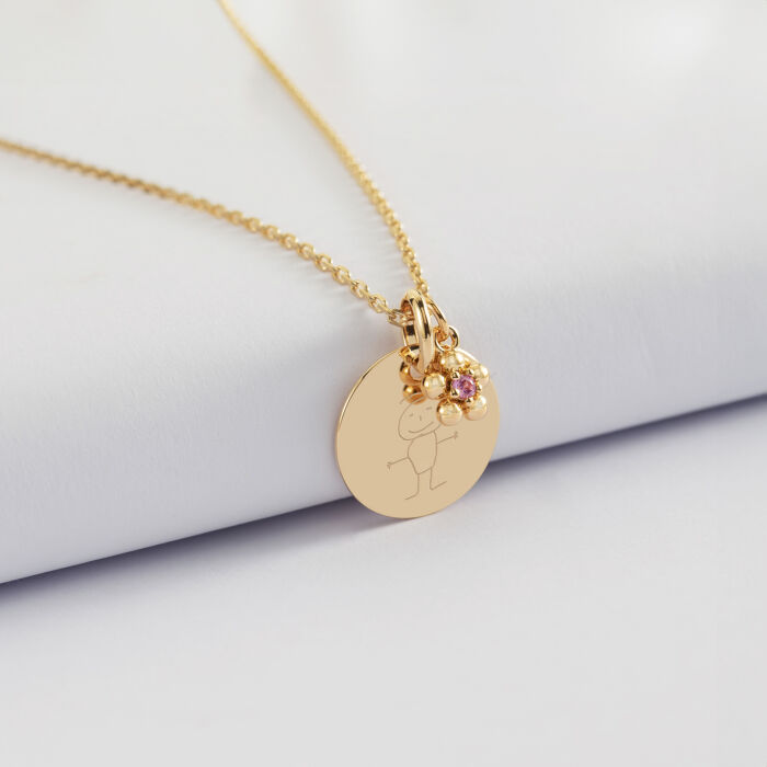 Pendentif personnalisé médaille gravée plaqué or 15 mm et breloque fleur zircon plaqué or 8 mm