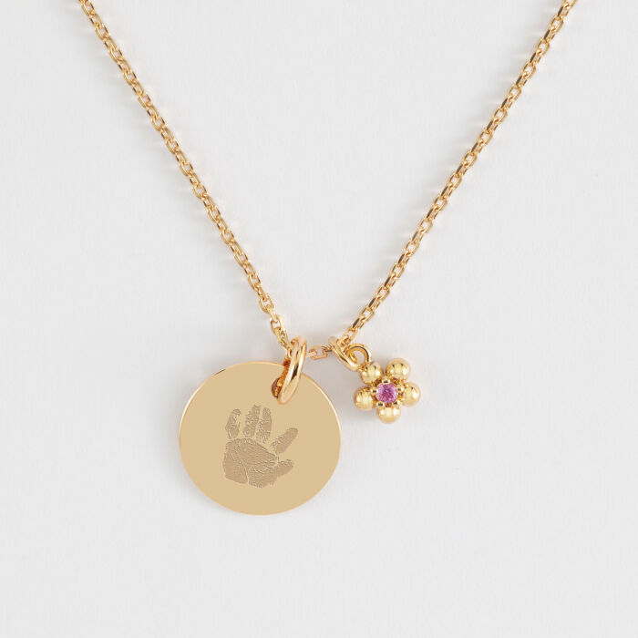 Pendentif personnalisé médaille gravée plaqué or 15 mm et breloque fleur zircon plaqué or 8 mm