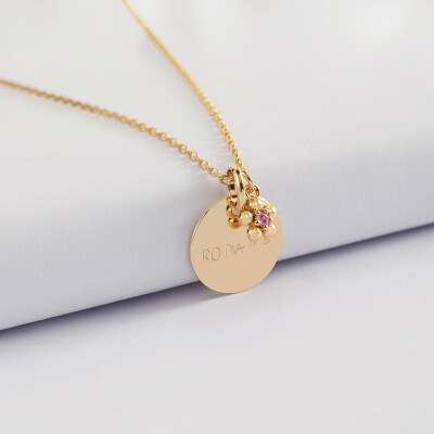 Pendentif enfant personnalisé médaille gravée plaqué or 15 mm et breloque fleur zircon plaqué or 8 mm