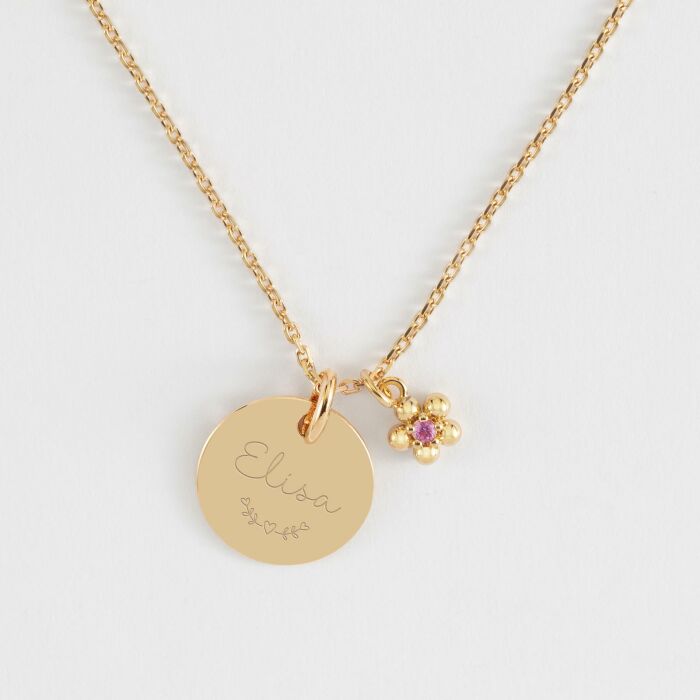 Pendentif enfant personnalisé médaille gravée plaqué or 15 mm et breloque fleur zircon plaqué or 8 mm