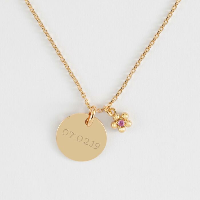 Pendentif enfant personnalisé médaille gravée plaqué or 15 mm et breloque fleur zircon plaqué or 8 mm