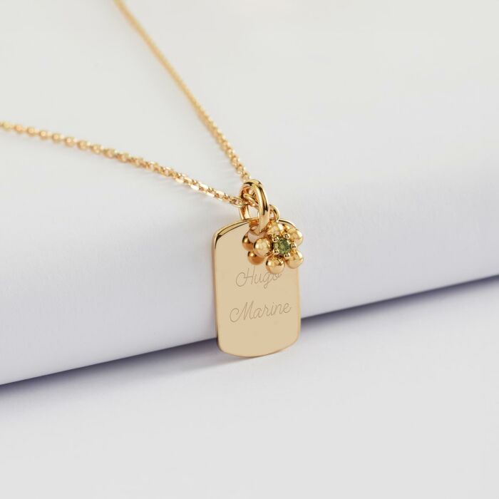 Pendentif personnalisé médaille gravée plaqué or rectangle 17x11 mm et breloque fleur zircon plaqué or 8 mm