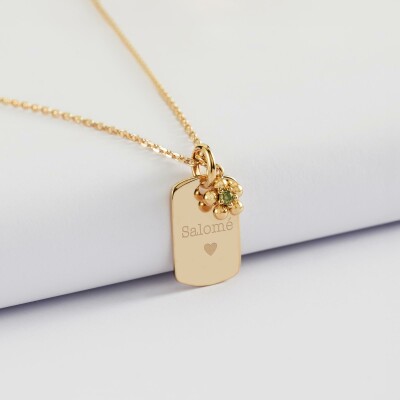 Pendentif enfant personnalisé médaille gravée plaqué or rectangle 17x11 mm et breloque fleur zircon plaqué or 8 mm