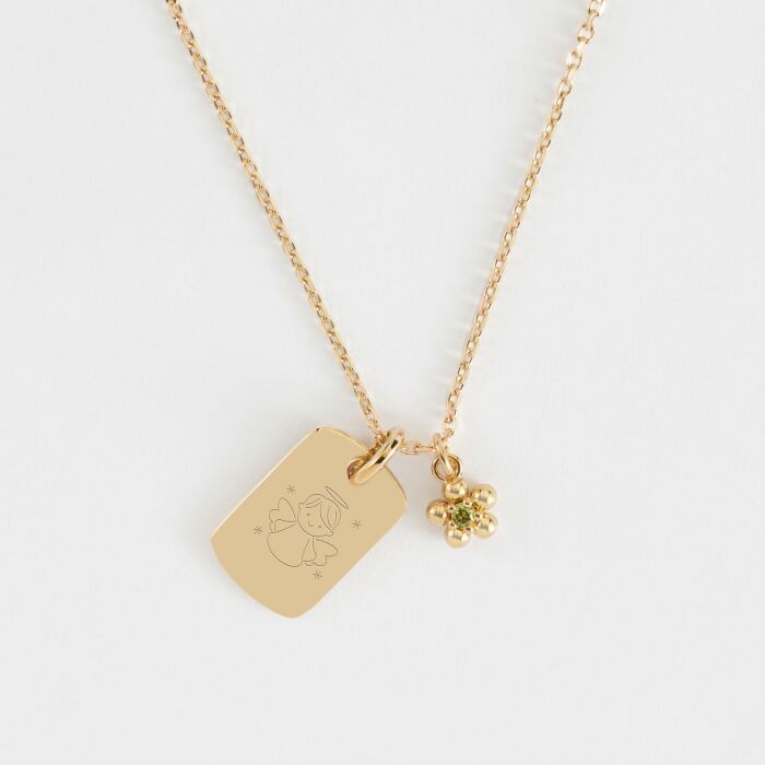 Pendentif enfant personnalisé médaille gravée plaqué or rectangle 17x11 mm et breloque fleur zircon plaqué or 8 mm