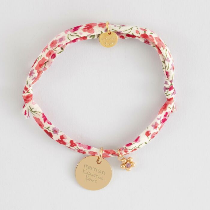 Bracelet enfant Liberty personnalisé médaille gravée plaqué or 15 mm et breloque fleur zircon plaqué or 8 mm