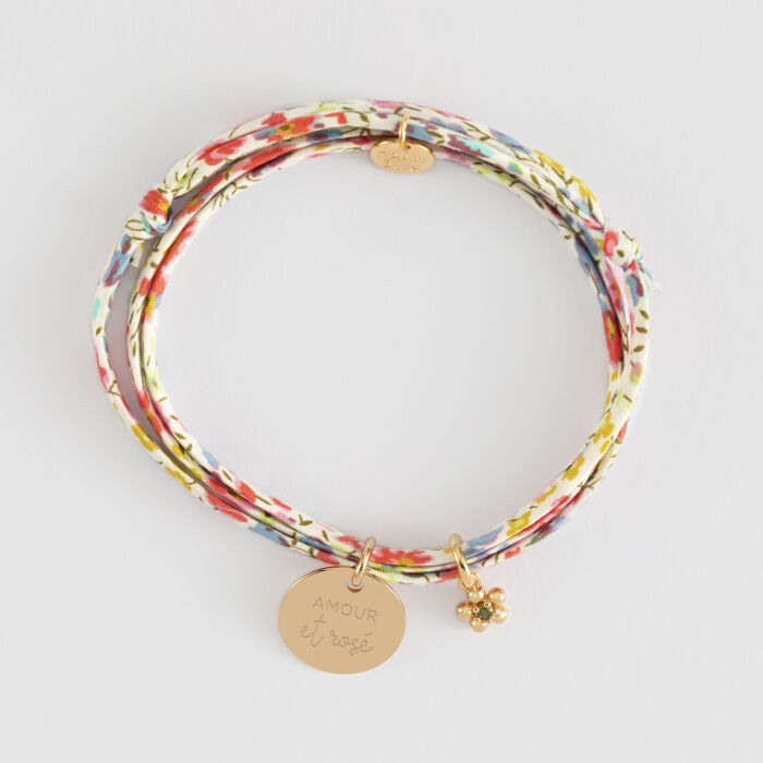 Bracelet Liberty personnalisé médaille gravée plaqué or 15 mm et breloque fleur zircon plaqué or 8 mm