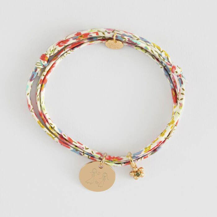 Bracelet Liberty personnalisé médaille gravée plaqué or 15 mm et breloque fleur zircon plaqué or 8 mm