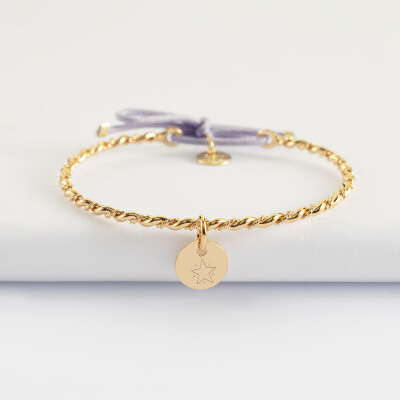 Bracelet personnalisé jonc tressé plaqué or et cordon médaille gravée 10 mm - pictogramme étoile