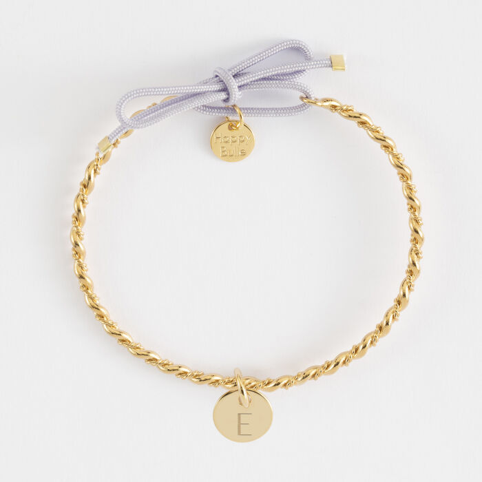 Bracelet personnalisé jonc tressé plaqué or et cordon médaille gravée 10 mm - E