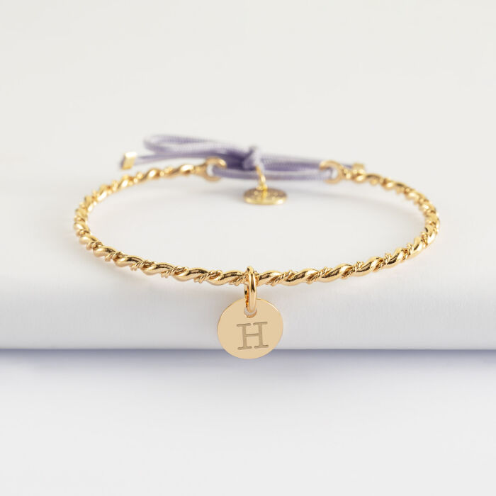 Bracelet personnalisé jonc tressé plaqué or et cordon médaille gravée 10 mm - H