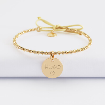 Bracelet personnalisé jonc tressé plaqué or et cordon médaille gravée 15 mm - écrit
