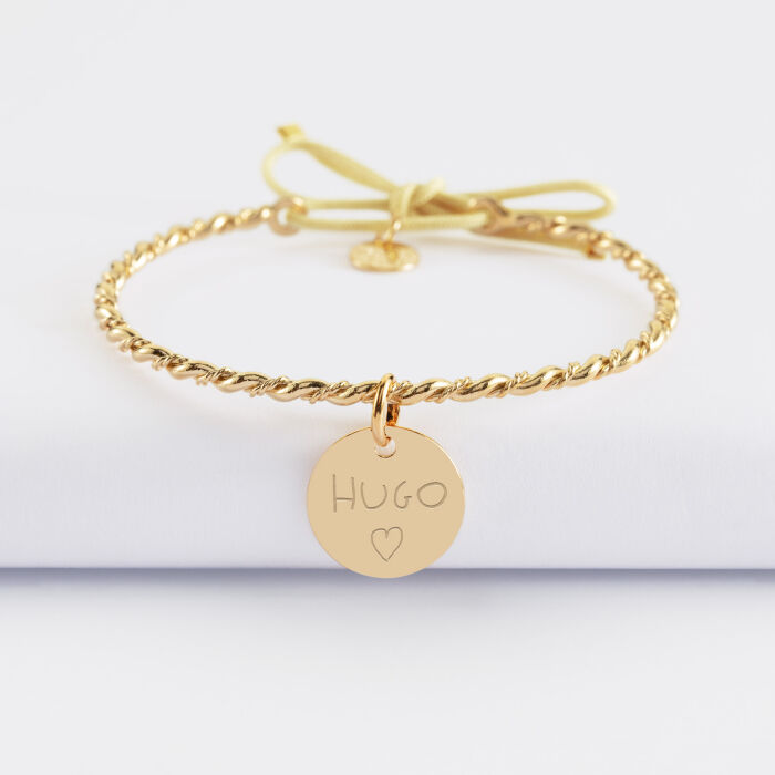 Bracelet personnalisé jonc tressé plaqué or et cordon médaille gravée 15 mm - écrit