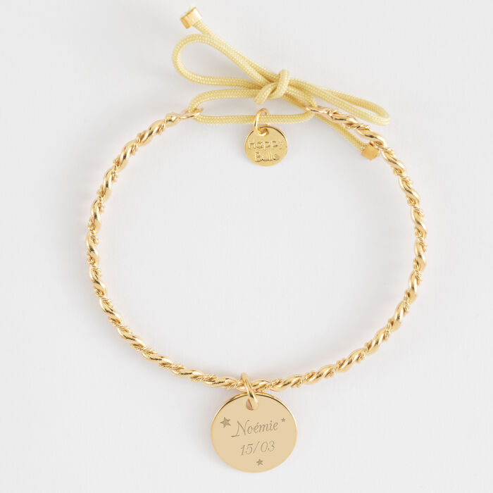 Bracelet personnalisé jonc tressé plaqué or et cordon médaille gravée 15 mm - texte pictogramme