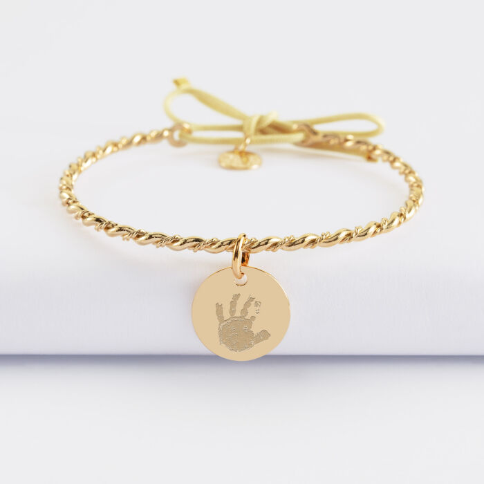 Bracelet personnalisé jonc tressé plaqué or et cordon médaille gravée 15 mm - empreinte